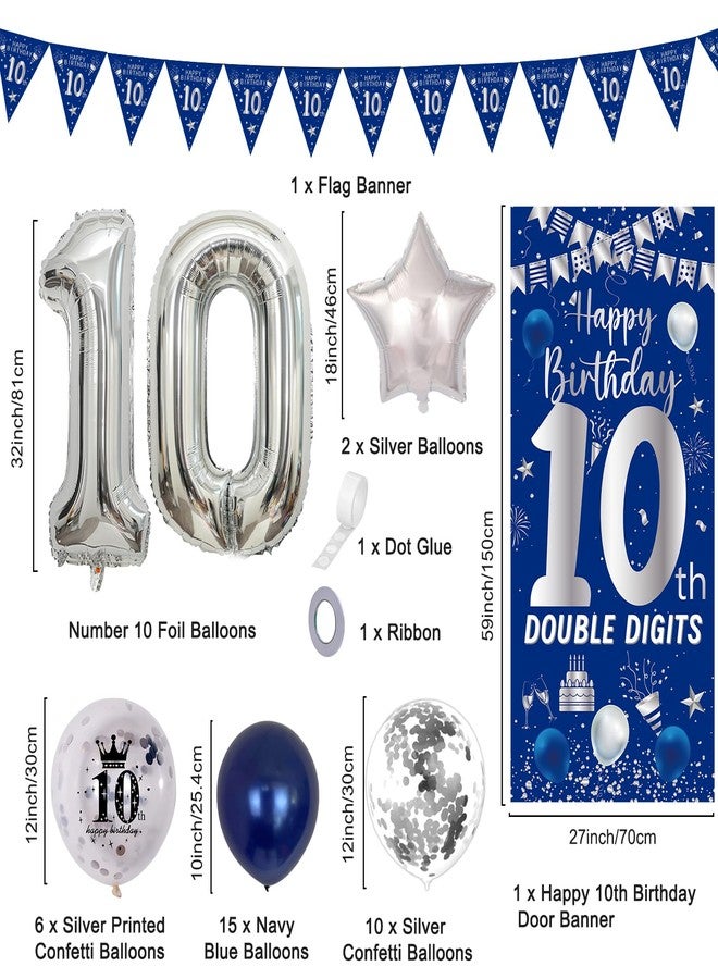 Purtarly 10th Birthday Decorations for Boys Girls, Blue Silver Happy 10th Birthday Double Digits Door Banner Decorations, Number 10 Foil Balloon Triangle Flag 10 Year Old Bday Party Supplies for Son Daughter - Image 2
